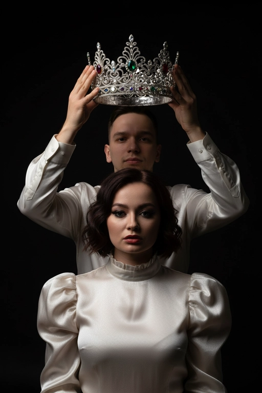 Используй эти два фото мужчины и женщины и создай драматическую и элегантную сцену- портрет . В центре композиции — молодая женщина. Она одета в блестящую светлую блузу с высоким воротом и пышными рукавами, что придаёт её образу аристократичность и утончённость. Её взгляд устремлён прямо в камеру, выражение лица серьёзное и немного отстранённое, губы слегка приоткрыты.  Ее ресницы прокрашены черной тушью.
  
Позади неё стоит мужчина. Он одет в светлую рубашку с длинными рукавами. Мужчина аккуратно держит над головой женщины искусно выполненную корону с богатым филигранным орнаментом и крупными сверкающими драгоценными камнями. Его поза и выражение лица подчёркивают торжественность момента — он выглядит сосредоточенным и серьёзным.  
  
Фон фотографии абсолютно чёрный, что создаёт сильный контраст с персонажами и подчёркивает блеск короны и одежды. Композиция кадра акцентирует внимание на символизме момента: коронация, власть, благородство и, возможно, некая драма или напряжение между персонажами. Общая атмосфера снимка — величественная, загадочная и немного театральная.  Корона цвета белого золота.