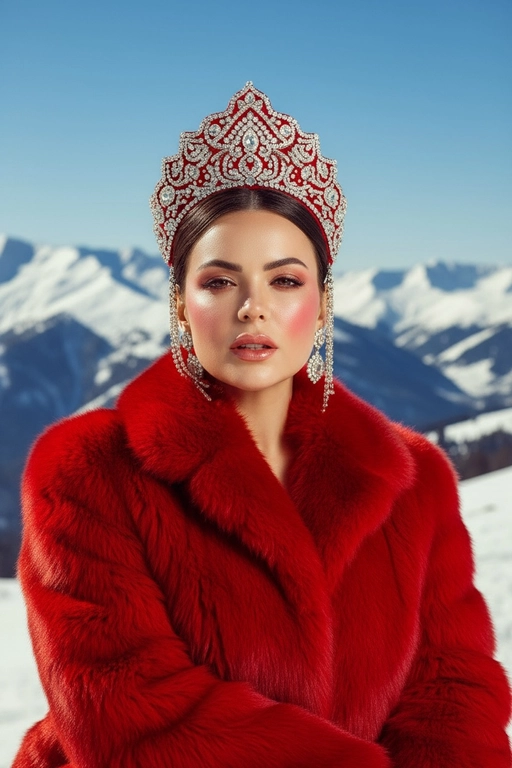 Создай портрет на открытом воздухе в стиле высокой моды, вдохновлённый редакционной фотографией Vogue. Человек элегантно позирует на фоне заснеженных гор под ярким солнечным светом. На заднем плане кинематографический альпийский пейзаж с чистым небом и свежим воздухом. Модель одета в роскошную красную шубу с плотной текстурой, украшенная детализированным ювелирным головным убором похожий на кокошник и подходящими серьгами, которые сверкают на свету. Кожа светящаяся, губы слегка приоткрыты, макияж с ярким румянцем и глянцевым финишем. Освещение яркое, насыщенное и кинематографическое, подчёркивающее контраст между красной шубой и холодными тонами заснеженных гор. Стиль: мода Vogue, высокая мода, ультрареализм, богатая цветовая палитра, разрешение 8К, естественный солнечный.