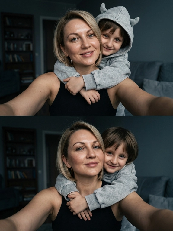Дорогой lifestyle момент, но снят случайно, как сторис без каких либо табличек. Фотореализм, фото снято на iPhone 17 Pro Max, нет идеальной симметрии нет постановочного ощущения. Кожа выглядит сияющей. видно текстуру кожи, поры, RAW photo. Не меняя внешности людей с фото, модель делает селфи, сцена запечатлена в интимной домашней атмосфере с мягким рассеянным светом, создающим глубокие, но мягкие тени, которые подчеркивают объем и придают объятиям тепло и уют. В кадре ребенок  в светло-сером вареном оверсайз худи с очень объемным капюшоном, который имеет две выступающие детали, напоминающие  рожки; он обнимает модель за плечи, его руки мягко, но крепко охватывают её. Ребенок повернут лицом к камере, в выражении улыбки.

Если модель - женщина, то она одета в черную майку без рукавов, в ушах — большие круглые серьги, которые деликатно сверкают в приглушенном свете. Если модель - мужчина, то он одет в черную футболку. 

Модель повернута слегка в сторону, сохраняя спокойное и уверенное выражение лица четко очерченные брови. Обе фигуры занимают центральное пространство кадра, что усиливает эмоциональную связь между ними, проявленную в нежном объятии и теплых взглядах. Фон интерьера скромный и темный, с ненавязчивыми элементами мебели, частично затененный, что не отвлекает от главных героев, но добавляет глубины и создаёт ощущение домашнего уюта. Тон цветокоррекции выдержан в прохладных серо-синих гаммах с легкими акцентами на теплые оттенки кожи, что придаёт изображению кинематографичную, искреннюю и мягкую атмосферу, полную внутреннего тепла и близости, фотореалистичное изображение, высокая текстурная детализация, высокое качество 
Фото коллаж
Вертикальный, разные позы на фотографии верхней и нижней, но на обоих фотографиях модель делает селфи, одежда должна быть одинаковой.
Негативный промт: телефон в кадре.