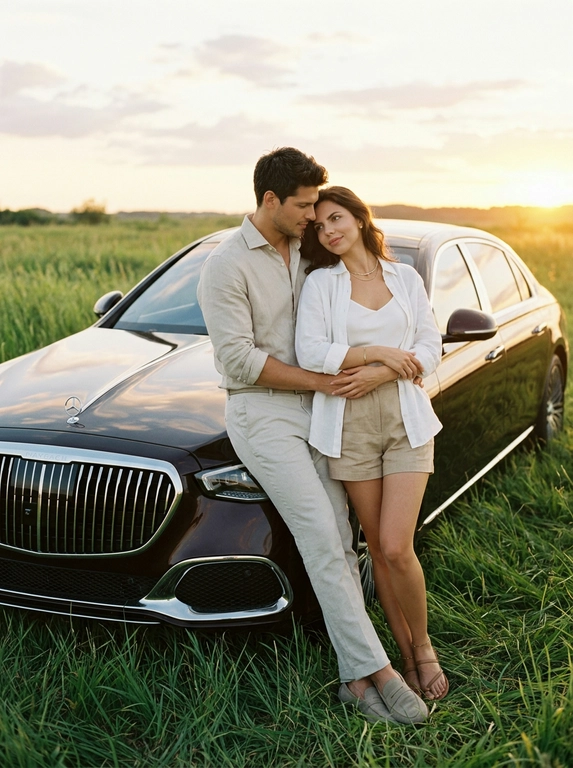 Фотореалистичная lifestyle-фотография пары на природе в эстетике luxury editorial с лёгким вайбом old money. Мужчина и женщина стоят у передней части автомобиля, припаркованного в высокой траве на открытом поле. Сохранить позу, ракурс и композицию как на референсе: автомобиль стоит под углом 3/4 к камере, хорошо видна передняя часть кузова и боковая линия, пара стоит вплотную у переднего крыла и капота.

Мужчина слегка опирается спиной и бедром о переднюю часть автомобиля, корпус расслаблен, одна нога опорная, вторая слегка согнута и выставлена вперёд. Он обнимает женщину обеими руками за талию и спину, мягко прижимая к себе. Голова слегка опущена и наклонена к женщине, взгляд направлен на неё.

Женщина стоит вплотную к мужчине, корпус слегка развёрнут к нему и мягко прижат. Голова слегка наклонена к мужчине и почти касается его груди или подбородка. Поза близкая, спокойная и романтичная. Положение пары должно быть максимально похоже на референс: тесный телесный контакт, объятие у передней части машины, расслабленная естественная стойка.

На мужчине дорогой образ в стиле quiet luxury и soft old money: свободная рубашка из премиального льна или тонкого хлопка в светлом благородном оттенке, с мягкой фактурой и небрежно закатанными рукавами, верхние пуговицы слегка расстёгнуты. Светлые прямые брюки с защипами из дорогой летней ткани, идеальная расслабленная посадка. На ногах минималистичные кожаные лоферы или замшевые мокасины. Образ выглядит сдержанно, статусно и очень дорого.

На женщине дорогой летний образ в эстетике old money casual: белая свободная рубашка из тонкого льна, небрежно накинутая и слегка расстёгнутая, под ней лаконичный облегающий топ-бандо или минималистичный корсетный верх. Снизу — светлые структурные мини-шорты или короткие tailored shorts с высокой посадкой из плотной премиальной ткани. Образ дополняют изящные украшения и дорогой расслабленный силуэт. Одежда выглядит премиально, естественно и очень стильно, без лишней вычурности.

Съёмка проходит на открытом поле с высокой зелёной травой. Время суток — золотой час на закате. Солнце низко у горизонта справа в кадре и создаёт тёплое золотисто-оранжевое свечение. Свет мягко подсвечивает фигуры, волосы, траву и кузов автомобиля. Небо частично покрыто облаками.

Камера расположена на уровне глаз или чуть ниже, ракурс фронтальный, слегка смещён влево, как на референсе. Средний вертикальный кадр. В кадре видны пара почти в полный рост, передняя часть автомобиля, высокая трава и закат на заднем плане.

Тёплая благородная цветовая палитра: золотой закатный свет, натуральные тона кожи, мягкая зелень травы, светлые дорогие оттенки одежды, мягкие тени и премиальные отражения на кузове. Атмосфера спокойная, уединённая, романтичная и кинематографичная. Стиль максимально реалистичный: luxury lifestyle, quiet luxury, soft old money mood, romantic sunset couple portrait, high detail, authentic natural moment, Pinterest luxury aesthetic, ultra realistic.

Какой будет автомобиль?: Они стоят стоят у передней части дорогого премиального седана Mercedes-Maybach S 680 2024 года