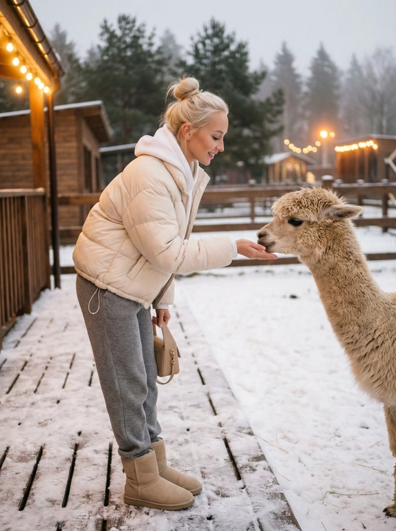   
женщина, ~30 лет, среднее телосложение, поза немного наклонена вперед, ракурс три четверти, мягкая улыбка, взгляд на животное, голова чуть наклонена, спокойные тёплые эмоции; правая рука протянута вперед с лакомством, левая держит небольшую бежевую сумку у бедра, стопы близко, расслаблены; макияж изящный и натуральный, dewy, лёгкий контур и брови.
Животное : гиперреалистичная альпака. 
Одежда: кремовая короткая растегнутая дутая куртка , белая спортивная кофта с глубоким капюшоном, серые трикотажные свободные джоггеры, уютные  объемные замшевые светло бежевые  ботинки , свободная посадка, минималистичный стиль, мелкие декоративные швы и карманы, ткань динамично садится по складкам.
Кадрирование: вертикальный формат 3:2, угол камеры чуть выше уровня глаз модели, дистанция 2–3 м, объектив 35mm на full-frame (или 50mm для портрета), камера Canon EOS R6, параметры примерные f/2.2, 1/125s, ISO 400, малая глубина резкости.
Освещение: мягкий рассеянный естественный сумеречный свет + тёплые гирлянды сбоку, температура 3200–4200K, мягкие тени, низкий контраст, аккуратные блики на шерсти. 
Фон и окружение: деревянный забор и хозпостройки, сосны, тёплые огни вдалеке, лёгкая дымка, глубокая перспектива, уютная атмосферa, мелкие детали заднего плана — светящиеся лампочки и текстура древесины.
Детали и текстуры: кожа с натуральной текстурой, волосы светлые длинные в небрежном высоком пучке, кольца на пальцах, шерсть животного детализирована, аккуратные бликовые блики на мокрой дощетчетом слегка припорошенным только что выпавшим снегом полу.
Обработка и стиль: тёплая цветокоррекция с лёгким teal–orange, кинематографичная тональная кривая, стиль lifestyle editorial, полупленочный реализм, лёгкая насыщенность и контраст под брендовую эстетику minimal luxury. Не меняй лицо сходство 100%
#девушка #промт #зимние