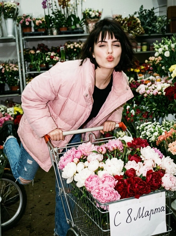 Создай фото, не меняя черты лица. Женщина толкает тележку, полную цветов. На тележке табличка «С 8 Марта». На ней большой нежно-розовый пуховик, расстёгнутый, голубые джинсы с потертостями, топ. Безупречный макияж. Она наклоняется вперёд над ручкой тележки с игривым выражением лица, словно посылая поцелуй в сторону камеры. За ней — полки, заставленные цветами. Непринуждённый, естественный, спонтанный стиль фотографии. Съёмка с резкой прямой вспышкой — сильные тени, пересвеченные участки, неравномерная экспозиция. Наклонная композиция: объекты не по центру, обрезанные конечности, неидеальное выравнивание. Размытие в движении, неидеальная фокусировка, съёмка в середине движения или в середине выражения эмоций. Шум и зернистость — без ретуши или сглаживания. Небрежная, интимная, реалистичная, документальная атмосфера.


Какие будут цветы?: пионы