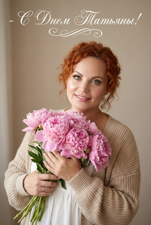 Нежный естественный портрет женщины, смотрящей в камеру и мягко улыбающейся. Она держит большой букет розовых пионов близко к груди. Уютное романтическое настроение. Белое платье, бежевый вязаный кардиган. Эффектный макияж на лице:  бежевые тени с лёгким мерцанием, длинные объемные ресницы, сияющий хайлайтер на скулах и кончике носа, блеск на губах,  легкий розовый румянец, сияющая кожа, нежная женская красота. 

Нейтральный бежевый фон. Мягкий рассеянный дневной свет, малая глубина резкости, кинематографическое боке. Стиль редакционной фотографии, теплая пастельная цветовая палитра, высокая детализация, реалистичная текстура кожи, эффект объектива 85 мм, f/1.8, лайфстайл-фотография. Наверху поверх фото белым красивым рукописным шрифтом с завитками написано:  : -  С Днем Татьяны!