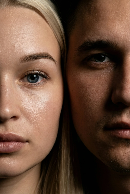   создай портрет, не меняя черты лица. Крупный план (extreme close-up) двух лиц людей, их лица прижатых друг к другу. Видны только половины каждого лица.
Драматичное освещение в стиле чиароскуро, глубокие тени.
Невероятная детализация кожи: видны поры, текстура, естественный блеск у женщины.
Выразительный взгляд прямо в камеру. Высокое разрешение, макросъемка, профессиональное студийное фото, 8K.