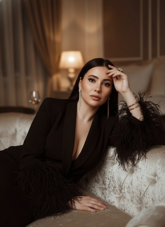 Сохранить лицо с загруженной фотографии. Фотография представляет собой портрет женщины, выполненный в стиле модной фотосессии. Она находится в помещении с приглушенным светом, возможно, в будуаре или гостиничном номере. Общая атмосфера снимка – чувственная и немного загадочная. Цветовая гамма теплая, с преобладанием бежевых, коричневых и черных тонов.

Женщина полулежит на светлом диване или кровати, опираясь на локоть. Она одета в черное платье или жакет с глубоким V-образным вырезом и отделкой из перьев на рукавах и, возможно, по всей длине. Одна рука поднята и касается лба, словно в задумчивости или усталости, на пальце заметно крупное кольцо. В ушах – длинные серьги. В целом, образ выглядит роскошно и элегантно. Поза расслабленная, но при этом привлекательная.