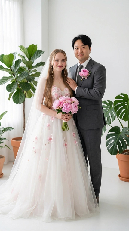   Использовать загруженное фото как эталон внешности.
Гиперреалистичное, редакционное fashion-фото, парный портрет. Не менять лица, черты, возраст . Убрать неровности и морщины на коже добавить естественный блеск.Создай студийное свадебное фото в полный рост, парень выше на 7-9 см, в темно сером стильном модном и дорогом классическом костюме, с бутоньеркой как букет у невесты, девушка в нежном пышном свадебном свадебном платье с розовыми вставками, с букетом пионов, жених нежно касается плеча невесты, оба романтично смотрят в камеру и мило слегка улыбаются. Девушка с русыми волосами, волосы до жопы и у лица две пряди,на голове фата подходящая под платье невесты, на шее у девушки нежное украшение и красивые серьги подходящие к образу. Лёгкий свадебный макияж. Дорогая фотостудия в белых тонах. И большими комнатными растениями
