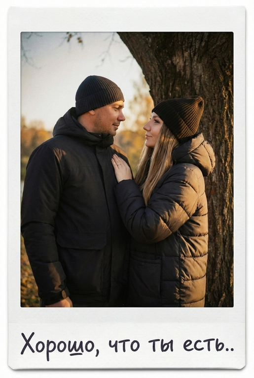 Портрет пары в мягком золотом вечернем свете, они влюбленно смотрят друг на друга у дерева, спокойный, тёплый, естественный. Ее рука у мужчины на плече. Фото оформлено в виде полароидного снимка: белые широкие поля, характерная матовая текстура, лёгкая виньетка, зернистость. На нижнем поле — короткая надпись маркером рукописным шрифтом. Текст на полароиде: Хорошо, что ты есть.