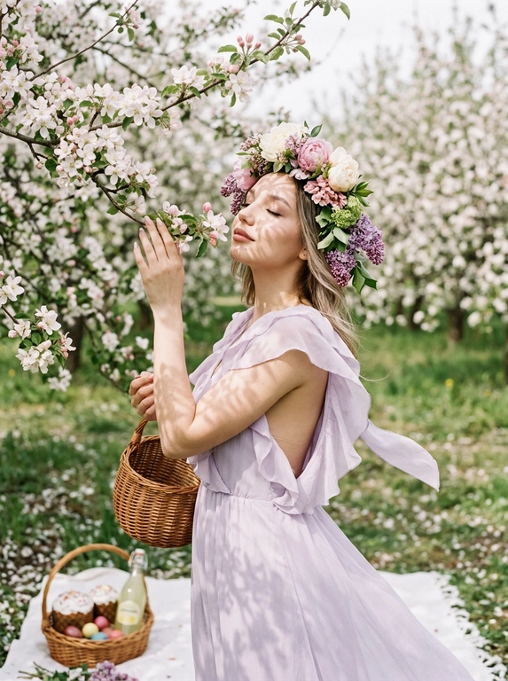 Кинематографический близкий портрет с добавлением зерна. На ней лёгкое платье  с открытой спиной и рюшами. На голове роскошный венок, сплетённый из живых весенних цветов. Цветущий фруктовый сад в разгаре весны. Яблони и вишни покрыты бело-розовым облаком цветов. На траве расстелено белое покрывало, на котором стоит плетёная корзина с куличами, яйцами и бутылка домашнего лимонада. Лепестки цветов усеивают землю и покрывало. Женщина стоит под цветущей яблоней, слегка запрокинув голову и закрыв глаза, вдыхая аромат цветов. Одна рука нежно касается ветки дерева, вторая придерживает корзину. Ветер слегка касается платья. Мягкий рассеянный свет в облачный, но яркий день. Цветущие ветки создают причудливую игру кружевных теней на лице и платье женщины. Общее освещение мечтательное, с высокой тональностью. Сохрани внешность модели 1:1.


Какого цвета будет платье?: Платье пастельно-лилового цвета