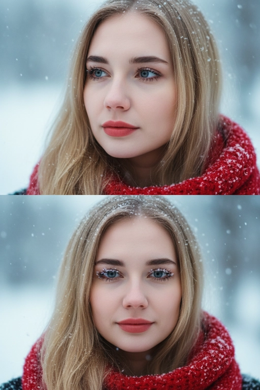 Создай коллаж из двух кадров человека, снятых крупным планом на улице зимой. Камера расположена близко, чтобы в кадре были видны лицо, шея и часть одежды. Главный акцент — на лице, глазах и снежинках, которые легли на волосы и ресницы.

Освещение мягкое, естественное, как в пасмурный зимний день. Вокруг падает лёгкий снег, отдельные снежинки чётко видны в воздухе и на коже. Фон — мягко размытый, с холодными оттенками (бело-голубой, серо-синий).

Первый кадр — человек смотрит в сторону, выражение мягкое, задумчивое, естественное. Крупный план лица, видно часть красного шарфа.
Второй кадр — прямой взгляд в камеру, нейтральное или лёгкое выражение лица, ресницы в снегу. Крупный план лица, видно часть красного шарфа.

Кожа чистая и естественная, без ретуши, текстура лица и губ сохранена. Фото выглядят как профессиональная зимняя портретная съёмка крупным планом, с эффектом свежести и спокойствия.

Оба кадра объединены в вертикальный коллаж в едином тоне и свете. Атмосфера — реалистичная, теплая и немного кинематографичная.