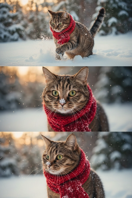     Коллаж из 3-Х фото моего питомца на зимнем фоне в снегу. Питомец в вязаном шарфе, вокруг падает снег, на заднем плане заснеженный лес.

Первый кадр — питомец в полный рост. Он играется со снегом 

Второй кадр — крупный план, увеличенный кадр мордочки питомца с одной снежинкой на носике. Мордочка питомца занимает весь кадр, взгляд прямо в камеру 
 
Третий кадр - портрет питомца, он смотрит в левую сторону. На фото виден шарф, на шарфу есть снежинки 

Три кадра объединены в вертикальный коллаж в едином тоне и свете. Атмосфера — реалистичная, теплая и немного кинематографичная.
Свет мягкий, утренний.  Цвет шарфа - красный , лапы в снегу