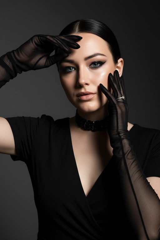 На моей фотографии крупным планом изображена гламурная женщина на темно-сером фоне, в прозрачных чёрных перчатках и чёрном платье. Она позирует, обрамляя лицо руками, отбрасывая на глаза эффектные тени. Яркий макияж глаз с аккуратной подводкой, гладкая и безупречная кожа, кинематографическое освещение, стиль высокой моды, атмосфера таинственности и соблазнительности. 