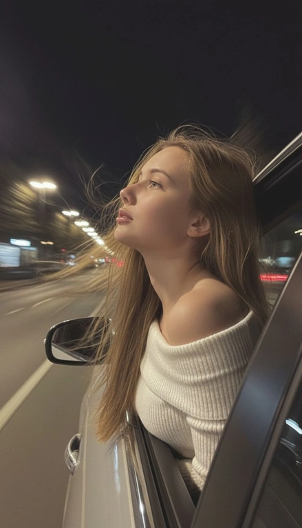 Создайте фото, где я высунула голову из окна машины в тёмную, мечтательную, размытую, винтажную ветреную ночь, в белом трикотажном топе с открытыми плечами. ракурс боковой. Голова чутка откинута назад. Машина в движении.  Выражение лица мечтательное, губы немного приоткрыты. Волосы развеваются в движении. Сохраните детали лица в точности. Пожалуйста, не изменяйте черты лица и оставь таким, какое оно есть.
