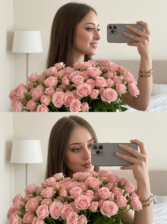 Коллаж из двух фотографий, формат 9:16, стиль селфи в зеркале. Эта женщина, аккуратный макияж с акцентом на глаза (четкая подводка, длинные ресницы), блестящие губы. В кадрах доминирует огромный, густой букет нежно-розовых кустовых роз.
Верхний кадр: ракурс сбоку, легкая улыбка, женщина держит телефон горизонтально, видны золотые браслеты.
Нижний кадр: фронтальный ракурс, женщина в основном скрыта за букетом, кокетливо выглядывает; женщина горизонтально держит современный смартфон в сером чехле с тройной камерой в центре.

Светлая минималистичная комната. На заднем плане размытая прикроватная лампа с мягким нейтрально-белым светом, светлая бежевая стена, часть кровати или мягкой мебели вне фокуса. Освещение мягкое, рассеянное, без желтизны, эстетика роскошного образа жизни в стиле Instagram/Pinterest, женственная и нежная атмосфера.