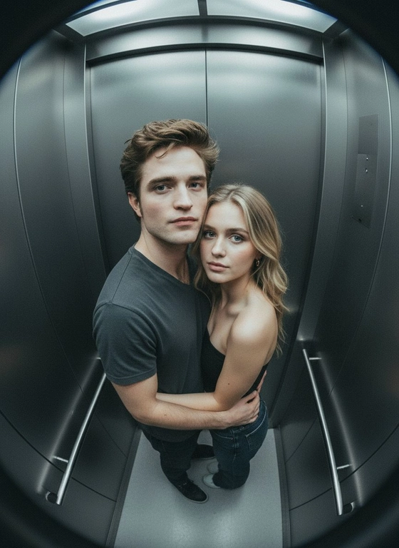 Используй предоставленные изображения и создай фото с двумя людьми в лифте с металлическими стенами. Цветовая гамма с преообладанием серых металлических оттенков. Кадр снят с максимально верхнего ракурса, люди будто заглядывают в камеру, их головы подняты наверх, взгляд в камеру. Легкий эффект fish eye. Реалистичное фото. Зернистость пленочного фото, насыщенные цвета, стиль фото y2k. Сохрани черты лица людей. Они обнимаются.