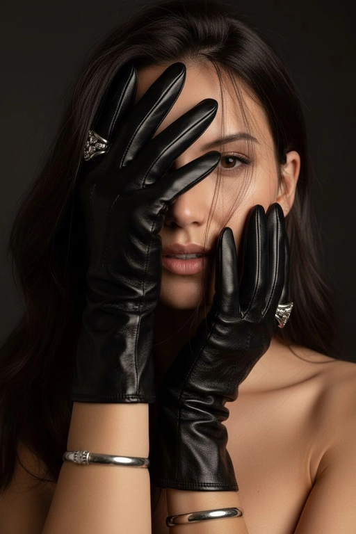 Модный портрет женщины, крупным планом,  в черных кожаных перчатках, они хаотично расположены на ее лице, частично заслоняя его. Перчатки создают интригующую композицию: одна рука закрывает часть лица, а другая лежит на противоположной стороне, тонко обрамляя нежные черты модели. Губы женщины видны, слегка приоткрыты, глаза открыты, голова слегка наклонена вперед. Несколько прядей волос свободно падают на ее лицо, добавляя ощущение движения. Текстура кожи очень детализирована, демонстрируя поры ее лица. Перчатки блестящие и плотно прилегающие, с тонкими, замысловатыми деталями. Серебрянные массивные кольца видны на пальцах, усиливая ощущение роскоши, а серебрянные браслеты обхватывают запястья. Мягкое, но драматичное освещение подчеркивает текстуру перчаток и кожи, создавая поразительный контраст на темном, мрачном фоне. Общая атмосфера интимная, элегантная и изысканная.