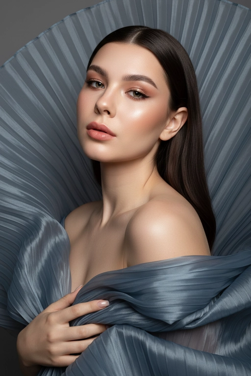    Создайте гиперреалистичный профессиональный студийный портрет женщины с волосами, уложенными на ровный пробор посередине, которые каскадом ниспадают на левое плечо (справа от зрителя) и частично скрыты за правым плечом (слева от зрителя). Камера снимается с немного низкого уровня глаз, глядя прямо на модель, охватывая ее от середины груди и выше. Голова слегка наклонена, взгляд прямой и притягательный.
Ее кожа безупречно гладкая и интенсивно сияет, словно подсвеченная мощным, сфокусированным источником света, подчеркивая мельчайшие поры и естественную текстуру кожи с сияющим, почти воздушным свечением, особенно в области декольте, плеч и верхних линий лица.

Её макияж тщательно проработан:
Глаза: чётко очерченные, ухоженные брови с заметными волосками, мягкие тени тёплых тонов (персиково-розовые и светло-коричневые) с лёгким мерцанием, чёткая чёрная подводка для глаз, создающая нежный кошачий взгляд, и идеально распущенные, объёмные ресницы, подчеркивающие каждую ресничку, с лёгким акцентом на нижних ресницах. Во внутреннем уголке глаза выделяется яркий блик. Радужки глаз отражают рассеянный студийный свет с изысканными узорами.
Щёки: лёгкий, растушёванный румянец натурального розового или персикового оттенка, изящно очерченные скулы и интенсивный, почти влажный блик на выступающих частях лица (скулы, переносица, дуга Купидона), создающий эффект увлажненности и сияния. Губы: губы нежного, естественного кораллово-розового или розово-персикового цвета с мягким атласным финишем, подчеркивающим тонкие естественные линии и текстуру губ, с лёгким бликом на дуге Купидона.

Она изящно одета в объёмную, струящуюся ткань с изящной плиссировкой, напоминающую прозрачный атлас или шёлк. Плиссированная ткань эффектно обрамляет фигуру, создавая объёмную, почти органичную форму, которая высоко поднимается за головой и огибает левое плечо (правое для зрителя), изящно струясь по груди и открывая обнажённые плечи. Материал обладает лёгким, сияющим блеском и мягкой полупрозрачностью, улавливая и отражая студийный свет, подчёркивая его роскошную текстуру и плавные движения. Складки очень детализированы, создавая глубокие тени и яркие блики, которые подчёркивают волнистую форму, а некоторые участки ткани также демонстрируют повышенную светоотражающую способность. Её правая рука (левая для зрителя) нежно касается ткани у груди, на ней видны ухоженные ногти. Освещение выполнено по принципу софтбокса, но с более сильным, концентрированным основным светом для создания интенсивного свечения, сохраняя при этом мягкие тени, которые подчёркивают черты её лица и изгибы плеч без резкости. Фон — гладкий, однотонный средне-серый, обеспечивающий чистый контраст и полностью фокусирующийся на модели. Общее впечатление — утончённая элегантность, изящество и гиперреалистичная детализация, передающая каждый нюанс её красоты, выражения лица и сложную текстуру её волос, кожи и одежды. Черты лица и особенности её внешности должны быть точно воспроизведены с референсной фотографии. Плиссированная ткань серо-голубого цвета
