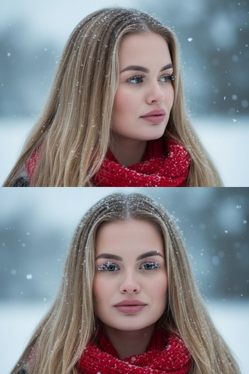 Создай коллаж из двух кадров человека, снятых крупным планом на улице зимой. Камера расположена близко, чтобы в кадре были видны лицо, шея и часть одежды. Главный акцент — на лице, глазах и снежинках, которые легли на волосы и ресницы.

Освещение мягкое, естественное, как в пасмурный зимний день. Вокруг падает лёгкий снег, отдельные снежинки чётко видны в воздухе и на коже. Фон — мягко размытый, с холодными оттенками (бело-голубой, серо-синий).

Первый кадр — человек смотрит в сторону, выражение мягкое, задумчивое, естественное. Крупный план лица, видно часть красного шарфа.
Второй кадр — прямой взгляд в камеру, нейтральное или лёгкое выражение лица, ресницы в снегу. Крупный план лица, видно часть красного шарфа.

Кожа чистая и естественная, без ретуши, текстура лица и губ сохранена. Фото выглядят как профессиональная зимняя портретная съёмка крупным планом, с эффектом свежести и спокойствия.

Оба кадра объединены в вертикальный коллаж в едином тоне и свете. Атмосфера — реалистичная, теплая и немного кинематографичная.