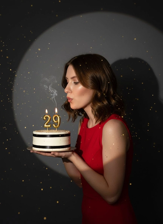 Фотореалистичный портрет женщины с точно таким же лицом, чертами, выражением и цветом волос, как на исходной фотографии - ничего не изменять. Атмосфера - день рождения: мягкий блеск свечи отражается на её лице, в воздухе лёгкие золотистые блёстки, создающие праздничное сияние. Фон темно-серый. Освещение студийное, контрастное, с кругом света на фоне, создающим выразительную тень. Волосы - волнистые, мягко подсвечены. Она немного стоит полубоком. Женщина держит в руках маленький праздничный торт, украшенным чёрными лентами и изящной цифрой из золотых свечей; Она сдувает свечу. Она одета в красное платье без рукавов. Свечки в виде цифр 29
