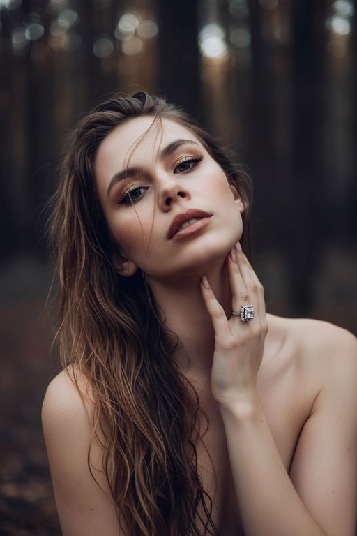 Создайте портрет женщины с длинными, волнистыми, влажными волосами, свободно ниспадающими на плечи, некоторые пряди прилипают к лицу. Она чувственно смотрит в камеру, слегка откинув голову назад, словно наслаждаясь мгновением покоя или чувственности. Её рука нежно лежит на шее, на пальце – эффектное сверкающее кольцо. Плечи опущены. Тёмный, почти однотонный и размытый фон подчёркивает силуэт и лицо женщины. Весь образ мастерски передан с помощью размытия в движении и световых бликов, которые создают ощущение естественного, сказочного движения головы и руки. Мягкие, тёплые тона, лёгкое свечение кожи и губ создают интимную, чувственную и таинственную атмосферу. Эффекты: размытие в движении, художественная длительная выдержка, тёплые тона, атмосфера сновидения. Макияж выразительный: длинные чёрные ресницы, бежевые тени с лёгким мерцанием, выразительные контуры и румяна, безупречная кожа и пухлые губы с нюдовым блеском и тёмно-коричневым карандашом для губ. Ухоженные брови с эффектом Bravenlifting. Длинные, заостренные ногти. Реалистичное фото, как будто снято на профессиональную камеру. Сохраните черты лица такими, какие они есть.
