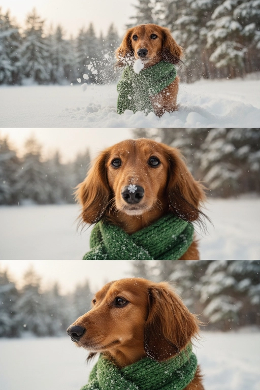     Коллаж из 3-Х фото моего питомца на зимнем фоне в снегу. Питомец в вязаном шарфе, вокруг падает снег, на заднем плане заснеженный лес.

Первый кадр — питомец в полный рост. Он играется со снегом 

Второй кадр — крупный план, увеличенный кадр мордочки питомца с одной снежинкой на носике. Мордочка питомца занимает весь кадр, взгляд прямо в камеру 
 
Третий кадр - портрет питомца, он смотрит в левую сторону. На фото виден шарф, на шарфу есть снежинки 

Три кадра объединены в вертикальный коллаж в едином тоне и свете. Атмосфера — реалистичная, теплая и немного кинематографичная.
Свет мягкий, утренний. Цвет шарфа - зеленый