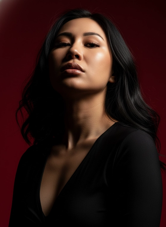 Создай портрет, используя те же черты лица (на основе загруженного фото), характеризующийся резким кинематографическим освещением и интенсивным контрастом. Снятый с немного нижнего ракурса, направленного вверх, что подчеркивает линию подбородка и шеи модели, этот портрет производит впечатление доминантности и скульптурной элегантности. Фон — глубокий, насыщенный малиново-красный, создающий яркий визуальный контраст со сияющей кожей модели и темной одеждой.