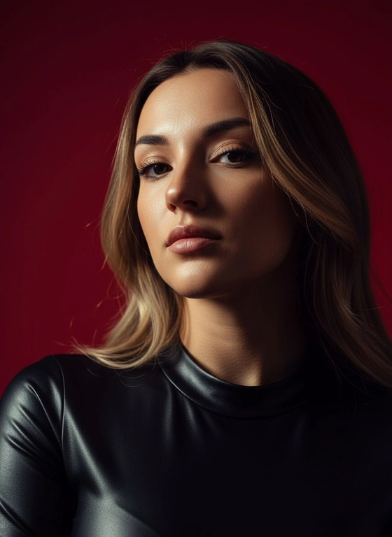 Создай портрет, используя те же черты лица (на основе загруженного фото), характеризующийся резким кинематографическим освещением и интенсивным контрастом. Снятый с немного нижнего ракурса, направленного вверх, что подчеркивает линию подбородка и шеи модели, этот портрет производит впечатление доминантности и скульптурной элегантности. Фон — глубокий, насыщенный малиново-красный, создающий яркий визуальный контраст со сияющей кожей модели и темной одеждой.