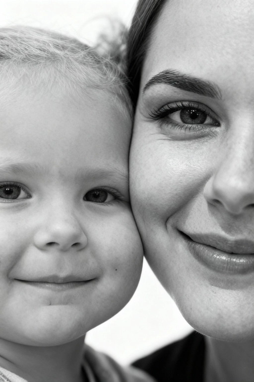 Сверхреалистичная черно-белая художественная фотография 8K женщины и ребенка, снятая очень крупным планом, щека к щеке так что видны только правая половина лица женщины и левая половина лица ребенка. которые смотрят в камеру. Их лица расположены рядом, почти соприкасаясь, образуя идеально сбалансированную симметричную композицию. Каждая деталь передана с фотографической точностью: тонкая текстура кожи и плавные градиенты света и тени. Видимая половина женщины включает ее бровь, один глаз , часть ее носа, щеку и губы, слегка приоткрытые в нежной, естественной улыбке, Видимая половина ребенка включает один глаз , круглую мягкую щеку, часть носа и небольшую улыбку, Фон белый и слегка размытый, что подчеркивает эмоциональную близость между ними. Освещение мягкое и рассеянное, создает деликатный контраст и тональную глубину. На снимке запечатлены нежность, близость и связь между матерью и ребенком, запечатленные с потрясающей реалистичностью. Не меняй черты лиц. 