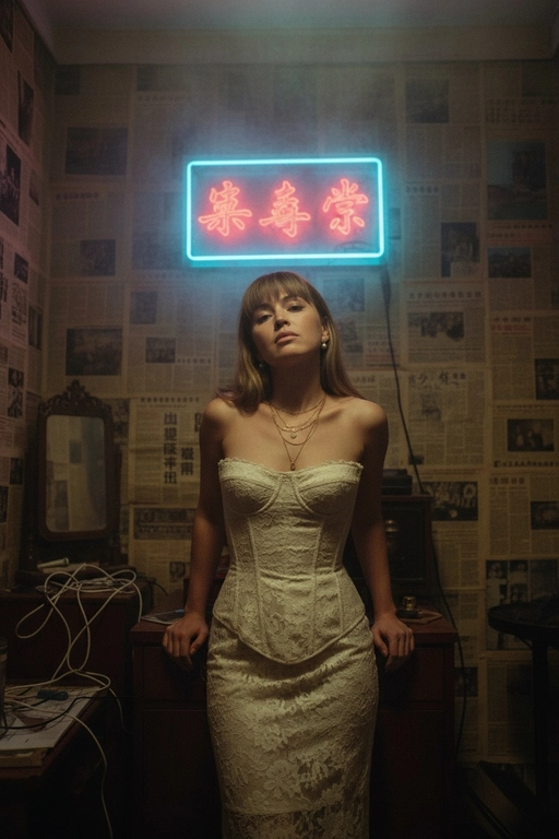 Используйте отправленную мной фотографию в качестве референса. Создайте фотореалистичный гонконгский ретро-портрет с аутентичным видом фильма 1990-х годов, как кадр из мрачного фильма. Строго сохраняйте индивидуальность (разрез глаз, губы, переносицу, линию подбородка, тон кожи). Вертикальный портрет, от середины бедра до головы (3/4 тела). Модель стоит, слегка наклонившись к камере, обе руки лежат на небольшом деревянном шкафу позади нее; плечи расслаблены. Подбородок слегка опущен, взгляд вверх, в камеру с меланхоличным, спокойным выражением. Сцена: тесная, захламленная гонконгская комната, стены от края до края оклеены пожелтевшими кантонскими газетами. Позади модели: туманная неоновая китайская вывеска (красный и голубой), светящаяся сквозь туман у потолка. Загроможденная мебель: компактный шкаф, разбросанные провода, виден край небольшого зеркала. Гардероб и стиль: платье в стиле корсета из кремового/слоновой кости кружева (со вкусом, неоткровенное), многослойные изящные золотые ожерелья, маленькие серьги-кольца или жемчужные серьги. Волосы взъерошены. Лицо должно быть точной копией моих настоящих черт лица, не меняйте лицо и сделайте фотографию высокого разрешения.