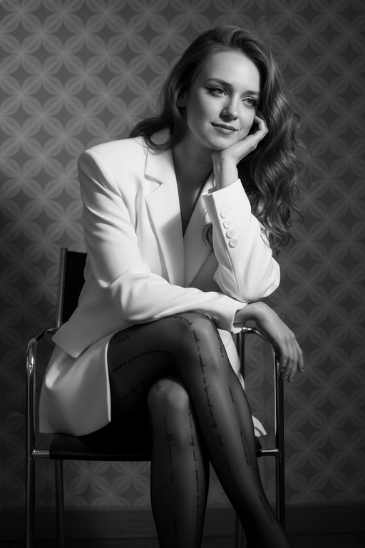 Портрет женщины, расслабленно сидящей на металлическом стуле со скрещенными ногами, голова наклонена в сторону и опирается на руку, средний план, перспектива на уровне глаз, естественный макияж со стрелками на глазах, с мягким контурингом и естественными губами, в объемном белом блейзере со структурированными плечами и капроновых колготках с узорами в виде красивых надписей , на фоне фактурной стены, драматическое кинематографическое освещение, боковое освещение справа, резкие контрастные тени, таинственная и напряженная атмосфера, съемка портретным объективом 85 мм, малая глубина резкости, высокохудожественная редакционная фотография, фотореалистичный, высокая детализация, монохромная цветовая палитра. Волосы легкими волнами
