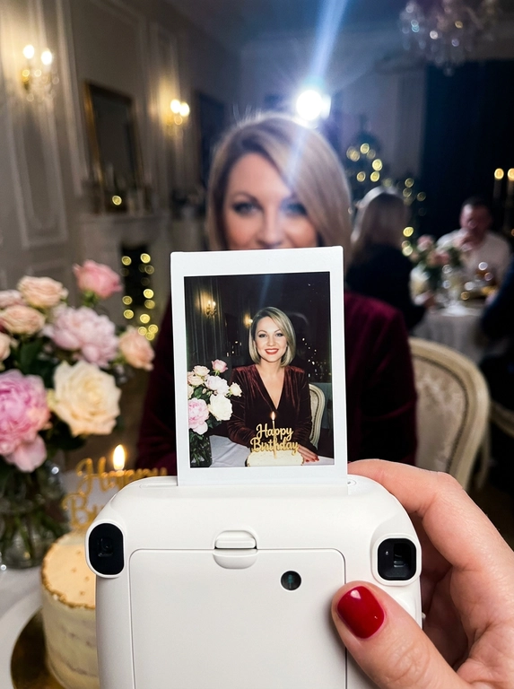 Edit the uploaded reference image into a photorealistic, luxury
birthday party scene.
Preserve the person’s identity exactly. Keep their real facial
structure, skin tone, age presentation, hair type, body type, natural
proportions, expression style, and distinctive features. The final
image should still clearly look like the same person from the
reference photo.
Create the image in the style of a dark, intimate iPhone UGC birthday
snapshot taken in a dim room with direct front flash. Use a dynamic
handheld camera angle, slightly tilted or off-center, as if the photo
was taken spontaneously at the party. The perspective should feel
natural, candid, and immersive, with the white instant camera with
polaroid angled and in focus of the generated image. Avoid a stiff,
perfectly centered studio composition.
The mood should feel candid, and special, like a real birthday
moment captured casually at night. Use flash-lit foreground details,
darker background shadows, warm candle glow, subtle phone-
camera grain, slight handheld imperfection, and shallow depth of
field.
The main focus must be a freshly printed instant polaroid photo
coming out of a clean white instant camera in the foreground. The
white camera should be large in the lower foreground, held close to
the lens. The polaroid should be sharp, visually dominant, and
positioned with a natural slight angle for a more dynamic
composition. The composition should feel similar to a casual iPhone
photo where the polaroid and camera are the main subject, while the
actual person behind it is only subtly visible, and not the main focus,
face not visible.
A natural, well-groomed hand matching the person’s skin tone and
overall styling holds the white instant camera. The hand should look
realistic and relaxed, with simple polished nails only if suitable for
the person.
Inside the polaroid, show the same person from the reference image
posing elegantly at their birthday celebration. They should look
confident, refined, and warmly expressive. Transform their outfit into
a polished birthday look that suits their appearance and gender
presentation. For a woman, create an elegant dress or refined
celebratory outfit. For a man, create a fashionable formal or semi-
formal outfit suitable for a luxury birthday setting. The outfit color should
harmonize with or be inspired by the outfit color in the original
reference photo.
Behind the polaroid, show only a subtle blurred glimpse of the same
person in the background, wearing the same transformed outfit. The
background person should be softly out of focus, partly hidden by
the polaroid camera.
Include tasteful birthday décor around the scene. Use elegant
flowers that harmonize with the subject’s outfit and the overall color
palette of the reference photo. The flowers may be roses, orchids,
hydrangeas, baby’s breath, peonies, lilies, greenery, or other refined
florals. Choose colors that match the person’s transformed outfit
and create a cohesive luxury birthday atmosphere.
Place a birthday cake to the side or slightly in the background. The
cake should be visible but secondary to the polaroid. The cake color,
icing, floral decorations, and candle color should harmonize with the
person’s outfit and the overall palette. Add one lit candle. The cake
must clearly say exactly: “Happy Birthday” in neat, readable icing.
Use realistic direct flash highlights, intimate dark-room lighting, warm
candlelight, soft party lights, shallow depth of field, realistic skin
texture, natural facial proportions, elegant styling, and a cohesive
color palette based on the reference image.
**Strict constraints:** no identity change, no altered facial structure,
no mismatched person between the polaroid and background, no
extra people, no rings, no bracelets, no hand jewelry, no distorted
hands, no extra fingers, no duplicated faces, no warped camera, no
unreadable cake writing, no misspelled cake text, no extra text, no
overly bright studio lighting, no flat commercial lighting, no plastic
skin, no stiff straight-on composition