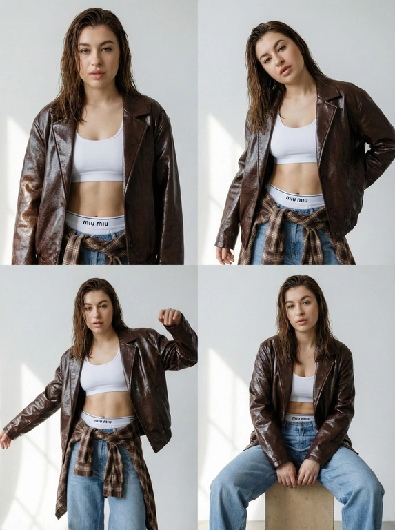   Фото 3:4. Коллаж из четырех фотографий молодой женщины с загруженной фотографии лицо не изменять 100% сходство в стиле high-fashion и streetwear. Она позирует в студии с жестким направленным светом. На ней надет белый спортивный топ-бра и трусы-боксеры с логотипом на резинке (стиль Miu Miu), светлые голубые джинсы свободного кроя и объемная темно-коричневая кожаная куртка из глянцевой кожи. На талии повязана коричневая клетчатая рубашка в стиле гранж.
Детализация для нейросети
• Внешность и поза: Модель с выразительными чертами лица, средней длины волосами с эффектом «влажной укладки». Позы динамичные: взгляд в камеру, легкий наклон корпуса, руки в движении.
• Одежда и текстуры:
• Куртка: Оверсайз, темно-шоколадного цвета, с интенсивным виниловым или лакированным блеском.
• Белье: Бел...