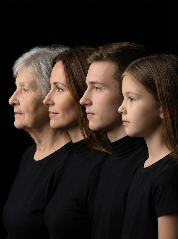Профессиональный студийный портрет с низким контрастным светом. Головы расположены строго в одну линию. боковой профиль, взгляд влево. У всех видны только головы и немного плечи. Головы занимают весь кадр. Черный фон. Черная одежда у всех. Расположи их по убыванию возраста.