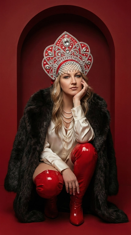   Формат: 9:16
Качество: 2K
Промпт: 3.

Studio full-length portrait in the style of High Fashion. I'm in the image of a modern, seductive Russian princess. I'm wearing a luxurious red and silver coconut, richly decorated with pearls, large crystals and silver details. I squat, gracefully and majestically, thoughtfully. My head rests on my left hand, gently, a voluminous fur cape on my shoulders, bright red glossy boots-stockings above the knee, and multi-tiered necklaces made of white pearls. Background: rich monochrome red studio background with a symmetrical architectural arch. Dramatic, glossy studio lighting, clarity, high resolution 8K.

Make my face as natural as possible. Make my face as natural as possible.
