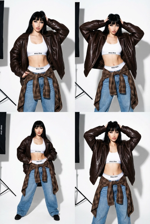  Коллаж из четырех фотографий женщины с загруженной фотографии лицо не изменять 100% сходство в стиле high-fashion и streetwear. Она позирует в студии с жестким направленным светом. На ней надет белый спортивный топ-бра и трусы-боксеры с логотипом на резинке (стиль Miu Miu), светлые голубые джинсы свободного кроя и объемная темно-коричневая кожаная куртка из глянцевой кожи. На талии повязана коричневая клетчатая рубашка в стиле гранж. 
Детализация для нейросети 
• Внешность и поза: Модель с выразительными чертами лица. Позы динамичные: взгляд в камеру, легкий наклон корпуса, руки в движении. 
• Одежда и текстуры: 
• Куртка: Оверсайз, темно-шоколадного цвета, с интенсивным виниловым или лакированным блеском. 
• Белье: Белый хлопковый трикотаж с минималистичным черным текстом по центру резинки. 
• Низ: Светло-голубой деним, классическая клетка «тартан» на рубашке (бежевый, коричневый, белый цвета). 
• Освещение и фон: Профессиональный студийный свет, создающий глубокие контрастные тени на белом фоне. Видны элементы студийного оборудования (стойка софтбокса) по краям кадра, что добавляет эстетику «backstage» или журнальной съемки. 
• Стиль съемки: Эстетика модных журналов 2000-х (Y2K) в современной интерпретации. Высокое разрешение, четкие текстуры кожи и ткани, эффект вспышки «в лоб».
3:4