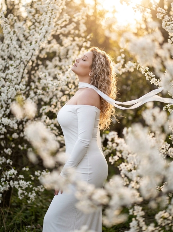 A woman standing among dense white blooming branches.
Side profile, body turned away, head tilted back upward toward the light, eyes closed.
Framing from mid-thigh to head.
Camera slightly below eye level, 85mm look.
Clothing:
Long white fitted dress with long tight sleeves and off-shoulder design (bare shoulders).
Accessory (CRITICAL):
A thin white ribbon scarf around her neck, very light fabric.
The ribbon flows in the wind and extends across the frame.
Flowers (CRITICAL):
Dense white blossoms surrounding the subject exactly like the reference.
Foreground flowers heavily blurred, partially covering bottom and right side.
Background filled with soft white blossoms and warm bokeh.
Lighting:
Golden hour sunlight from top right, strong warm backlight, glowing rim light on hair and shoulders, sun visible through branches.
Shallow depth of field, subject sharp, foreground/background soft.
Warm cinematic tones, soft highlights, photorealistic, high detail.