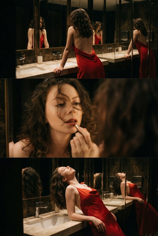 Создай не меняя черты лица. Экстремально реалистичный кинематографичный триптих, как живая серия фотографий из Instagram, снятая в зеркальном туалете дорогого ресторана. Вечер, интимная атмосфера, отражения в зеркалах, приглушённый свет, ощущение роскоши и ускользающего момента. Весь триптих объединён одним образом и единым настроением, с лёгким зерном, как будто кадры сняты в движении, естественно. В верхней части женщина стоит спиной облокотившись на раковину рукой, лицо в тени спина освещена, в отражениях зеркал видна её фигура, на ней одно и то же красное платье с открытой спиной, ткань струится и выглядит дорого, чувственно. Свет мягко скользит по плечам и линии спины, создавая глубокие тени и драматичный силуэт. В средней части экстремально близкий ракурс лица через зеркало, женщина смотрит на своё отражение и поправляет помаду, жест живой и естественный. Лицо частично в фокусе, частично слегка размыто, ощущение движения и дыхания кадра. Пышные ресницы, выразительный взгляд, блики света в зеркале, локоны из пучка падают на лицо, добавляя интимности. В нижней части девушка запрокинула голову и облокотилась о раковину, глаза закрыты, поза расслабленная, уязвимая, словно она на секунду выпала из шумного вечера. Платье то же самое, красное, ткань ловит приглушённый свет, усиливая глубину цвета и теней. Во всех кадрах приглушённое освещение, cinematic lighting, мягкие тени, отражения зеркал, лёгкое зерно и небольшой motion blur без резкой чёткости и глянца. Цвета глубокие, насыщенные, но сдержанные. Общий стиль ультрареализм, кинематографическая эстетика, эффект настоящего Instagram-триптиха, ощущение пойманного момента, живо, чувственно и очень реалистично, как кадры из личного архива.
Не меняй черты лица.

Средние изящные волнистые волосы, несколько локонов свободно падают на лицо и шею, черное платье