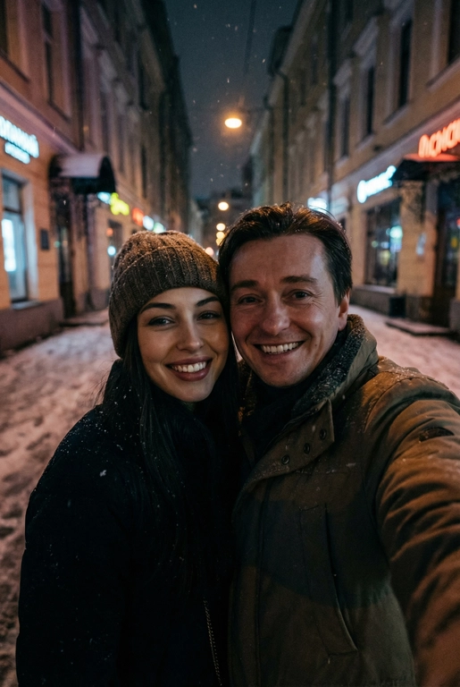 Спонтанное POV селфи людей на переднюю камеру iphone с близкого расстояния, глядя прямо в камеру. Сам телефон не виден. Ночь, зима, переулок в Москве. Фото темное, смазанное и реалистичное. Селфи с Сергеем Безруковым