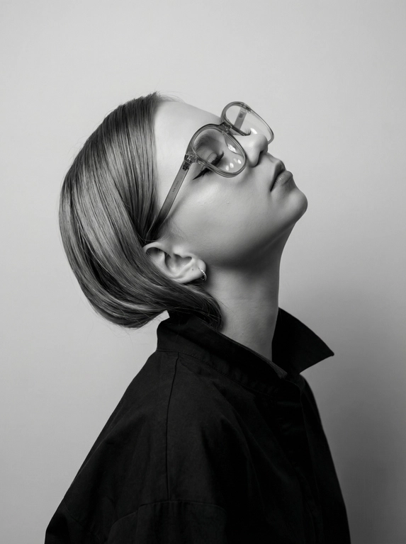Чёрно-белый минималистичный фотореалистичный портрет, студийный мягкий свет спереди‑сверху, нейтральная светлая однотонная стена как фон. Девушка в профиль: голова запрокинута назад, подбородок поднят, глаза закрыты — расслабленная fashion-поза с акцентом на линии шеи и контуры лица. Обязательно точно сохранить черты лица с референс-фото (без искажений); крупные квадратные очки в массивной полу-прозрачной оправе с естественными бликами. Детали лица: длинные ресницы и чёткие стрелки, выразительные губы, естественная текстура кожи, аккуратный ретуш. Одежда: тёмный объёмный верх с выразительным воротником, маленькая серьга-кольцо. Стиль: высокая графичность и контраст, чистые линии, лёгкая драматичность, максимальная детализация и фотореализм, аккуратные светотеневые переходы, подчёркнутые контуры.

Какая будет прическа?: Волосы уложены в гладкие локоны
