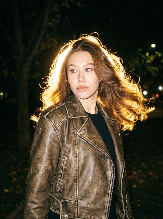 Ultra-realistic nighttime candid fashion photograph, recreate the reference composition precisely. Medium portrait outdoors at night. The woman stands slightly turned to the side, torso leaning subtly forward, head slightly tilted, eyes looking sideways with a calm confident expression.
She wears an oversized vintage BROWN LEATHER BIKER JACKET with wide shoulders, metal zipper details and heavily distressed worn leather: faded patches, rubbed edges, natural creases, scratches and authentic aged patina. Fitted black top underneath.
Nighttime outdoor setting with trees disappearing into darkness. An extremely bright warm light directly behind her head creates a powerful golden halo. Strong backlight creates warm golden-orange rim lighting around her silhouette. Direct camera flash softly illuminates her face and brown jacket from the front.
Deep black surroundings, intense golden backlight, warm lens flare, slight overexposure around the light source. Raw late-night 2000s flash photography, slightly imperfect sharpness, digital noise, warm vintage color grading, candid spontaneous atmosphere, realistic photography, no AI look.

Strong wind sweeps the hair dramatically sideways, spreading it into a flowing fan behind her. Individual strands are naturally separated and slightly tousled. Golden backlight shines through the moving strands, with subtle natural motion blur only in the hair.

Причёска: Loose hair with abundant volume, styled in a soft round-brush blowout with flowing waves.