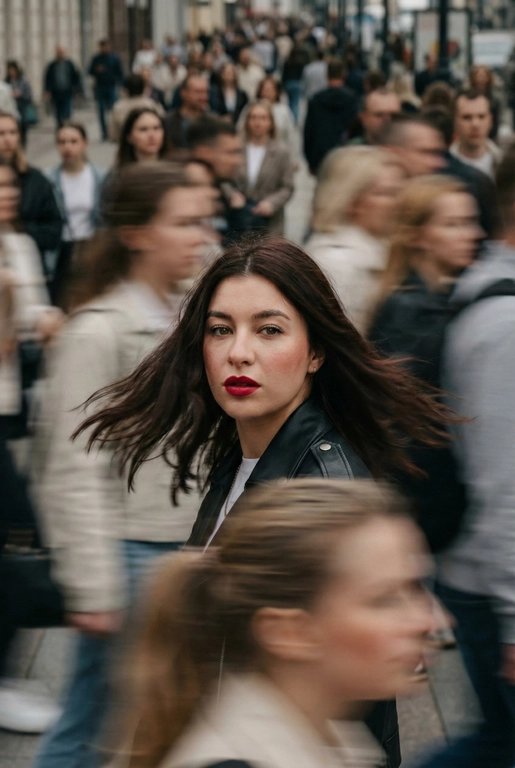   Кинематографичная фотография с эффектом смазанного движения, снятая на Leica SL3 с объективом 50mm Summilux при f/2.8, с фронтального ракурса на уровне груди, с использованием медленной выдержки и панорамирования. Ровный пасмурный дневной свет выступает как мягкий диффузор, позволяя создавать длинные шлейфы размытия без жёсткого контраста. Цветовая тональность — приглушённые бетонно-серые оттенки и нейтральные тона светлой кожи, вдохновлённые фильмами студии A24. Женщина с референса:  волосы застыли в полёте перед лицом, кожа с лёгким румянцем ловит тёплый свет, глаза пронзительно смотрят прямо в камеру, сохраняя неподвижность среди хаоса; губы подчеркнуты насыщенной вишнёво-красной помадой, создающей главный цветовой акцент, на ней сдержанный минималистичный образ. Сотни спешащих прохожих проносятся во всех направлениях, их тела вытянуты в плавные горизонтальные и диагональные размытия. Эмоция — тихий бунт через неподвижность. Эстетика — редакционный покой против хаоса. Постобработка: чистая физика движения, тонкое зерно, без глитчей, без искажений лица и деформаций анатомии. --ar 9:16 -- raw