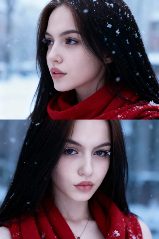 Создай коллаж из двух кадров человека, снятых крупным планом на улице зимой. Камера расположена близко, чтобы в кадре были видны лицо, шея и часть одежды. Главный акцент — на лице, глазах и снежинках, которые легли на волосы и ресницы.

Освещение мягкое, естественное, как в пасмурный зимний день. Вокруг падает лёгкий снег, отдельные снежинки чётко видны в воздухе и на коже. Фон — мягко размытый, с холодными оттенками (бело-голубой, серо-синий).

Первый кадр — человек смотрит в сторону, выражение мягкое, задумчивое, естественное. Крупный план лица, видно часть красного шарфа.
Второй кадр — прямой взгляд в камеру, нейтральное или лёгкое выражение лица, ресницы в снегу. Крупный план лица, видно часть красного шарфа.

Кожа чистая и естественная, без ретуши, текстура лица и губ сохранена. Фото выглядят как профессиональная зимняя портретная съёмка крупным планом, с эффектом свежести и спокойствия.

Оба кадра объединены в вертикальный коллаж в едином тоне и свете. Атмосфера — реалистичная, теплая и немного кинематографичная.