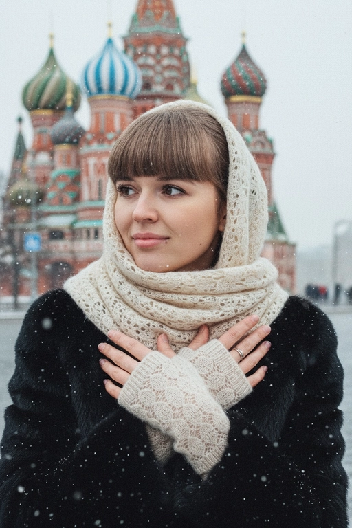Не изменяйте черты лица. На фотографии портрет груди девушки. На ней чёрная шуба, плечи, голова и грудь обернуты светлым кружевным мохеровым шарфом. На ней также варежки из того же материала. Одна её рука касается другой, а ладони скрещены и мягко лежат на груди. Лицо девушки обращено к камере, взгляд направлен влево. На ней лёгкая задумчивая улыбка, ресницы густо накрашены. Фон — зимний, со снегом и собором Василия Блаженного в Москве. Фон сильно размыт. Идет снег. Легкий эффект холодной зернистости.