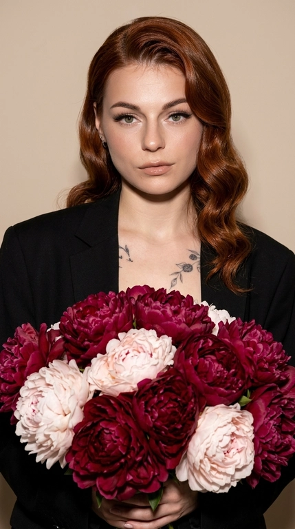 Ультрареалистичный fashion-портрет в эстетике luxury editorial. Крупный план по пояс. Женщина слегка наклоняется над огромным роскошным букетом, который полностью заполняет передний план кадра. Она смотрит прямо в камеру с мягким, уверенным взглядом.
На женщине чёрный оверсайз-пиджак премиального кроя с чёткой линией плеч. 
Макияж luxury soft glam: длинные густые ресницы с лисьим эффектом, чёрные графичные стрелки, ламинированные брови, лёгкий контуринг, персиковые румяна, золотистый хайлайтер, губы с чётким нюдово-коричневым контуром и глянцевым блеском.
Фон минималистичный, нейтральный, тёплых бежево-серых оттенков, без лишних деталей. Освещение — мягкий студийный свет в сочетании с прямой вспышкой камеры, создающий выразительный контраст, естественные блики на коже, лепестках роз и ткани пиджака. Глубокие, но мягкие тени подчёркивают объём и атмосферу дорогой журнальной съёмки.
Максимальная детализация: текстура кожи с видимыми порами, отдельные пряди волос, бархатистые лепестки, фактура ткани пиджака. Живой RAW-эффект, лёгкое плёночное зерно, без ретуши, без пластиковой кожи, без AI-эффекта.
Ultra realistic RAW photo, high fashion editorial, luxury portrait, oversized bouquet of deep red roses, black oversized blazer, direct flash photography, cinematic contrast, authentic skin texture, visible pores, realistic hair strands, premium magazine aesthetic, 8K, sharp focus, no beauty filter, no plastic skin, no AI artifacts.

Какие будут цветы?: Букет из сотен пионов

Какая будет прическа?: Волосы уложены в крупные гладкие голливудские волны с выраженной S-образной текстурой и глянцевым блеском. Основной объём перекинут на одну сторону, несколько мягких прядей лежат на плече и частично касаются букета.