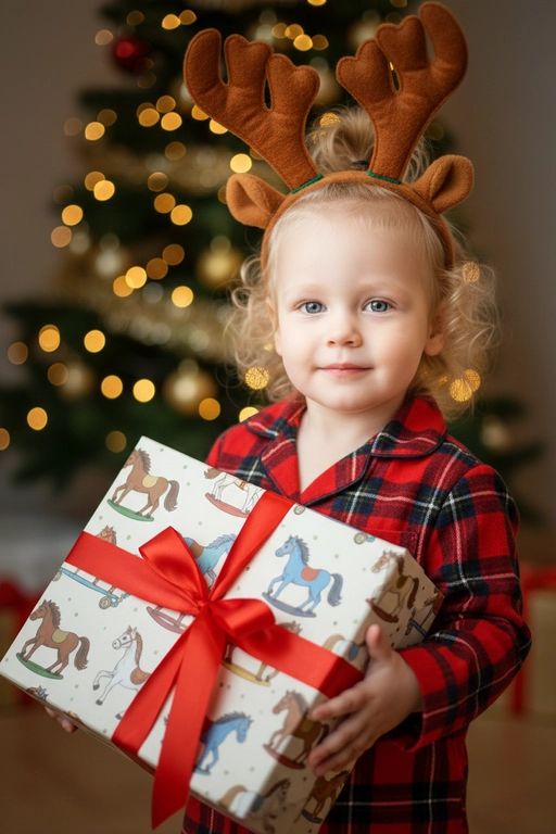 Используйте отправленную мной фотографию в качестве референса. Камера снимается немного выше уровня глаз, глядя прямо на модель, охватывая от середины груди и выше.  На изображении человек держит подарочную коробку  (размер 50х500х50 сантиметров) с крышкой, перевязанную красной лентой. На коробке нарисованные игрушечные лошадки. На фоне размытая рождественская или новогодняя елка. Лицо в три четверти (3/4), Модель в красной пижамной рубашке в клетку. Смотрит в камеру с легкой улыбкой, как будто предвкушая открыть свой подарок. 

Освещение выполнено по принципу софтбокса, но с более сильным, концентрированным основным светом для создания интенсивного свечения, сохраняя при этом мягкие тени, которые подчёркивают черты лица человека. 
Гиперреалистичная детализация, передающая каждый нюанс красоты, выражения лица и сложную текстуру волос, кожи и одежды. Атмосфера новогоднего праздника.  На голове у ребенка рождественский ободок с коричневыми оленьими рогами