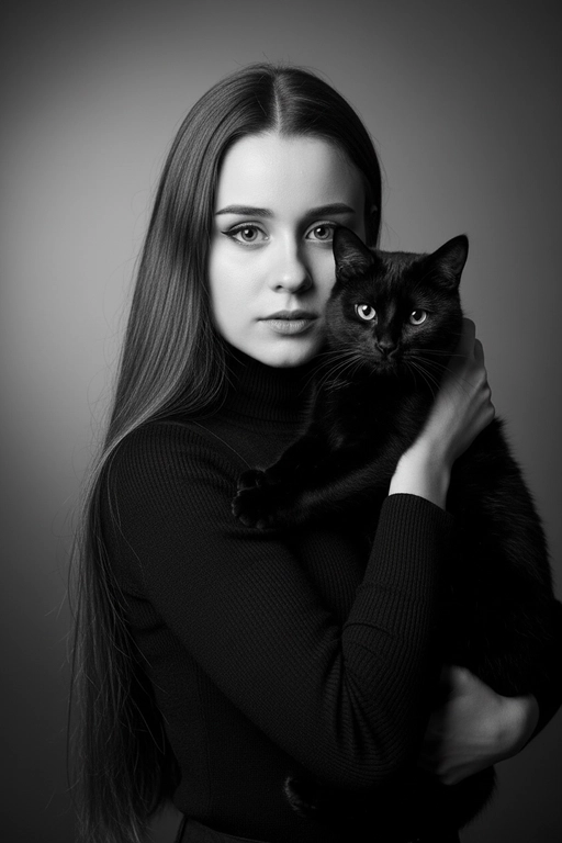 Высококонтрастный черно-белый портрет женщины в черной водолазке, держащей чёрную кошку у лица. Композиция напряжённая и интимная: оба персонажа смотрят прямо в камеру с одинаковой интенсивностью. Яркое и направленное освещение создаёт глубокие тени и подчёркивает контраст между их бледной кожей и тёмной шерстью кошки. Выражение её лица спокойное и уверенное, глаза подведены чётко, а гладкие прямые волосы естественно ниспадают на одно плечо. Фон - градиент от серого к темно-серому. Общее настроение таинственное, элегантное и кинематографичное, напоминающее портрет из модного журнала с готическим подтекстом.