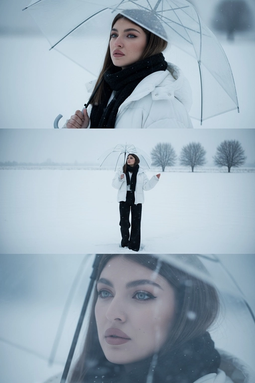 Создай вертикальный кадр, разделённый на три горизонтальных изображения одинакового размера, расположенных рядом. Главный персонаж основан на референсном лице, причёске и фигуре: фигура с выражением грусти и ностальгии, с глубокими глазами, излучающими одиночество. Наряд представляет собой свободный белый зимний пуховик, широкие брюки и чёрный шарф. Общая атмосфера утопает в белом снеге, холодная цветовая палитра навевает меланхолию и одиночество. Изображение 1 (портрет): Персонаж держит прозрачный зонт, слегка откинув голову назад и глядя прямо в кадр через плечо. Выражение лица печальное, взгляд проникновенный. Фон размыт снежной белизной. Изображение 2 (в полный рост): Персонаж с зонтом стоит один на бескрайнем заснеженном поле, идя и глядя в небо. Камера направлена ​​сверху вниз, как будто персонаж поднимает руку, чтобы поймать падающие снежинки. Вдали виднеются несколько голых деревьев без листьев. Сцена передаёт ощущение ничтожности и изолированности на фоне бескрайности природы. Изображение 3 (крупный план): Увеличенный кадр глаз персонажа с отстранённым, печальным взглядом, вызывающим чувство одиночества и тоски.
