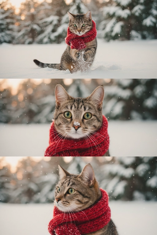     Коллаж из 3-Х фото моего питомца на зимнем фоне в снегу. Питомец в вязаном шарфе, вокруг падает снег, на заднем плане заснеженный лес.

Первый кадр — питомец в полный рост. Он играется со снегом 

Второй кадр — крупный план, увеличенный кадр мордочки питомца с одной снежинкой на носике. Мордочка питомца занимает весь кадр, взгляд прямо в камеру 
 
Третий кадр - портрет питомца, он смотрит в левую сторону. На фото виден шарф, на шарфу есть снежинки 

Три кадра объединены в вертикальный коллаж в едином тоне и свете. Атмосфера — реалистичная, теплая и немного кинематографичная.
Свет мягкий, утренний.  Цвет шарфа - красный 