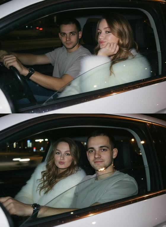 Используй предоставленные изображения и создай коллаж из двух фото, одно под другим. Первое фото сверху: Ночное фото в салоне автомобиля: мужчина за рулем смотрит вперед, его рука с часами на руке. Женщина на пассажирском сиденье, слушает его подперев щеку рукой. Съемка в стиле папарацци с эффектом зернистой пленки, атмосфера интимная. Второе фото: Девушка и парень смотрят в камеру Ночное фото папарацци крупным планом: мужчина за рулём и женщина на пассажирском сиденье смотрят в камеру. Женщина с ухмылкой и губами бантиком, мужчина слегка улыбается, положив руку на руль. Съёмка через пассажирское окно, сочетание ночного света и вспышки, эффект зернистой плёнки.