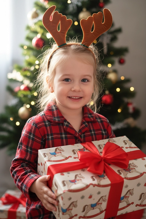 Используйте отправленную мной фотографию в качестве референса. Камера снимается немного выше уровня глаз, глядя прямо на модель, охватывая от середины груди и выше.  На изображении человек держит подарочную коробку  (размер 50х500х50 сантиметров) с крышкой, перевязанную красной лентой. На коробке нарисованные игрушечные лошадки. На фоне размытая рождественская или новогодняя елка. Лицо в три четверти (3/4), Модель в красной пижамной рубашке в клетку. Смотрит в камеру с легкой улыбкой, как будто предвкушая открыть свой подарок. 

Освещение выполнено по принципу софтбокса, но с более сильным, концентрированным основным светом для создания интенсивного свечения, сохраняя при этом мягкие тени, которые подчёркивают черты лица человека. 
Гиперреалистичная детализация, передающая каждый нюанс красоты, выражения лица и сложную текстуру волос, кожи и одежды. Атмосфера новогоднего праздника.  На голове у ребенка рождественский ободок с коричневыми оленьими рогами