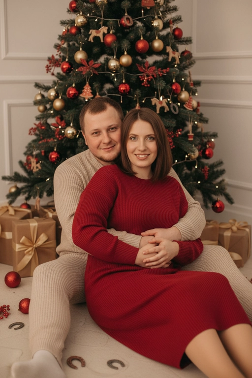 Используй предоставленные изображения и создай фото из домашней новогодней фотосессии. Не меняйте черты лица. . В кадре мужчина и женщина, они сидят на полу в обнимку, улыбаются и смотрят в камеру. Мужчина обнимает женщину сзади за талию. На женщине надето вязаное длинное платье с длинными рукавами. На мужчине вязаный свитера и штаны. На заднем плане стоит наряженная елка с игрушечными шарами, игрушечными лошадками, игрушечными подковами. Под елкой разложены подарочные коробки, перевязанные золотыми лентами. Рядом с парой лежат несколько елочных игрушек как на елке. Фотография выполнена в теплой цветовой гамме. Атмосфера уютная и праздничная. цвет платья девушки- красный, цвет свитера и штанов мужчины - бежевый.